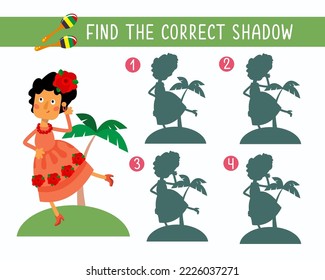 Find correct shadow. Cute flamenco dancer in cartoon style. Spanish girl in dress. Puzzle game for children. Activity, vector illustration.