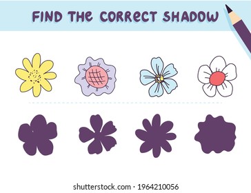 Find the correct shadow. Cute flowers. Educational game for kids. Collection of children's games. Vector illustration in cartoon style