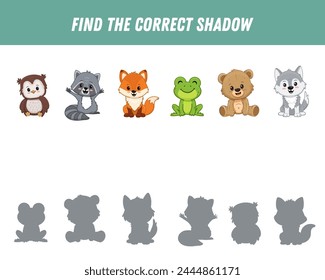 Encuentra la sombra correcta de lindos animales del bosque. Oso de peluche, búho, mapache, zorro, rana, lobo. Juego lógico educativo para los niños. Animales de dibujos animados. Vector
