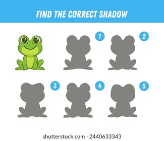 Find correct shadow of cute frog. Educational logical game for kids. Cartoon frog. Vector