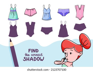 Finden Sie den richtigen Schatten. Die Unterwäsche eines süßen Mädchens. Erziehungsspiel für Kinder. Kollektion von Kinderspielen. Vektorgrafik im Cartographie-Stil