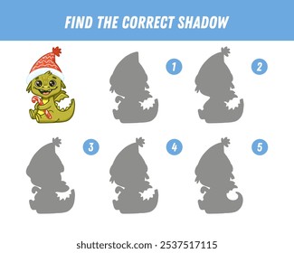 Find correct shadow of cute green dragon. Educational logical game for kids. Christmas and new year  game. Cartoon dino. Vector
