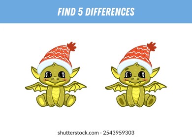 Find correct shadow of cute green dragon. Educational logical game for kids. Christmas and new year game. Cartoon dino. Vector

