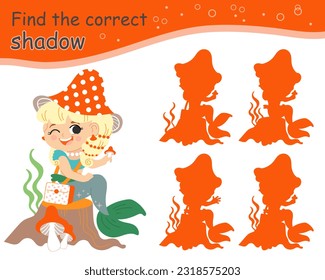 Find the correct shadow. Cute happy mermaid with mushrooms. Educational matching game for children with cartoon character. Activity, logic game, learning card with task for kids,vector illustration