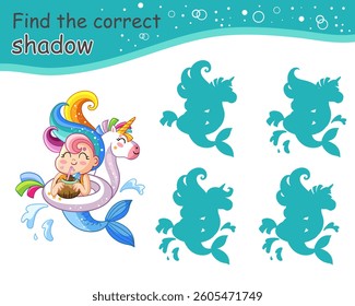 Find the correct shadow cute happy mermaid. Educational matching game for children with cartoon character. Activity, logic game, printable worksheet with task for kids, vector isolated illustration
