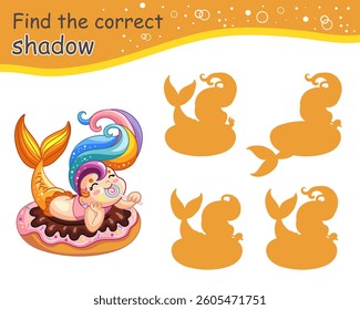 Find the correct shadow cute happy mermaid. Educational matching game for children with cartoon character. Activity, logic game, printable worksheet with task for kids, vector isolated illustration
