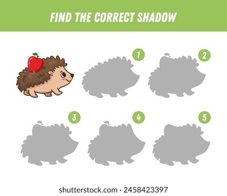 Find correct shadow of cute hedgehog with red apple. Educational logical game for kids. Forest animal. Cartoon hedgehog . Vector iliustration