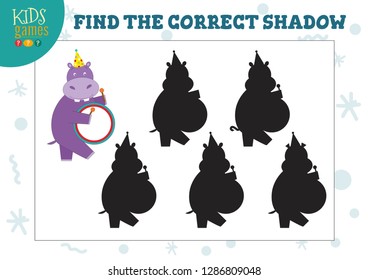 Find the correct shadow for cute hippo with drum educational preschool kids game. Vector illustration with five silhouettes for shadow matching puzzle 