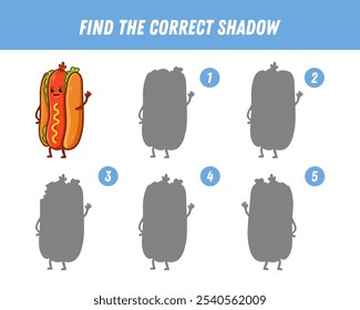 Encuentra la sombra correcta de perro caliente lindo. Juego de lógica educativa para niños. Caricatura de comida rápida. Divertido perrito caliente. Vector
