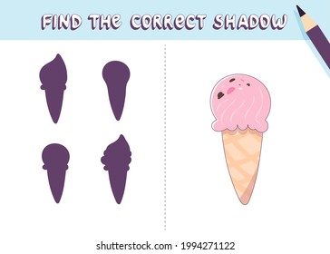 Find the correct shadow. Cute ice cream . Educational game for kids. Collection of children's games. Vector illustration in cartoon style