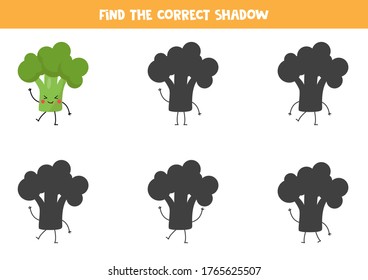 Find the correct shadow of cute kawaii broccoli. Educational logical game for kids. Printable worksheet.