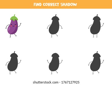 Find the correct shadow of cute kawaii eggplant. Educational worksheet for kids. logical puzzle. 
