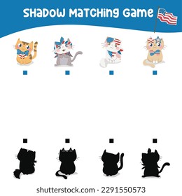 Find the correct shadow with cute and kawaii kittens in USA Independence Day costume. Matching shadow game for children. Worksheet for kid. Educational printable worksheet. Vector illustration.