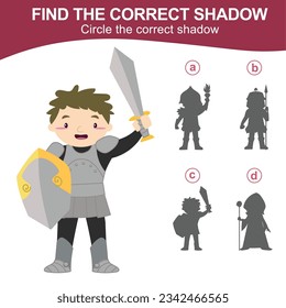 Find the correct shadow of a cute knight in armour and holding a sword and shield. Matching shadow game for children with fairytale kingdom theme. Worksheet for kid. Educational printable worksheet