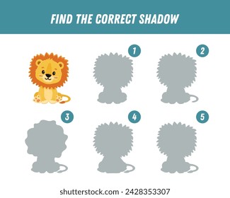 Find correct shadow of cute lion. Educational logical game for kids. Vector illustration
