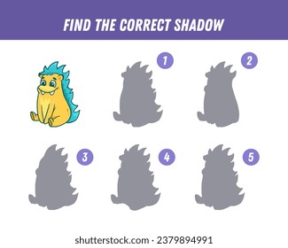 Encuentra la sombra correcta del monstruo lindo. Juego educativo lógico para niños. Juego de Halloween. Monstruo de caricatura. Vector 
