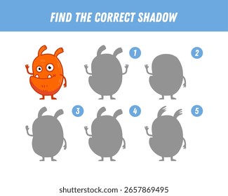 Find correct shadow of cute monster. Educational logical game for kids. Halloween game. Cartoon monster. Vector