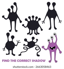 Encontre a sombra correta. Monstro bonito. Jogo de educação para crianças encontrar jogos. Ilustração vetorial