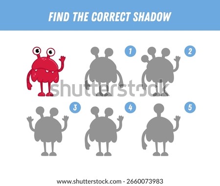 Find correct shadow of cute monster. Educational logical game for kids. Halloween game. Cartoon monster. Vector
