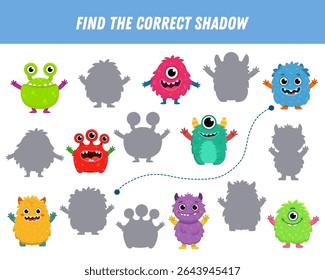 Find correct shadow of cute monsters. Educational logical game for kids. Halloween game. Cartoon monsters. Vector
