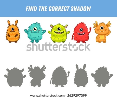 Find correct shadow of cute monsters. Educational logical game for kids. Halloween game. Cartoon monsters. Vector

