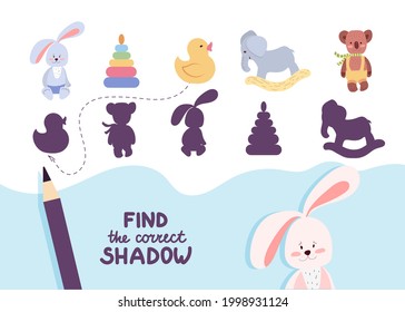 Find the correct shadow. Cute nursery toys. Educational game for kids. Collection of children's games. Vector illustration in cartoon style