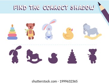 Find the correct shadow. Cute nursery toys. Educational game for kids. Collection of children's games. Vector illustration in cartoon style