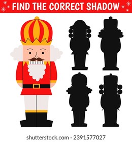 Find correct shadow of cute nutcracker. Educational logical game. Christmas game. Printable worksheet with solution for school and preschool.