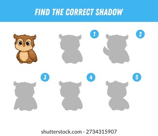 Find correct shadow of cute owl on tree branch. Educational logical game for kids. Cartoon owl. Vector illustration