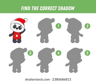 Encuentra la sombra correcta de la linda panda. Juego educativo lógico para niños. juego de Navidad. Oso panda de caricatura. Ilustración del vector