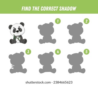 Finden Sie den richtigen Schatten süßer Panda. Lernlogisches Spiel für Kinder. Cartoon Panda Bär mit Bambus. Vektorgrafik