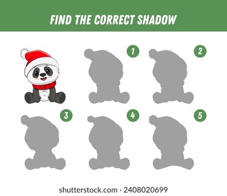 Find correct shadow of cute panda. Educational logical game for kids. Christmas game. Cartoon panda bear. Vector illustration