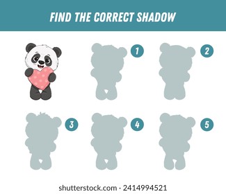 Find correct shadow of cute panda. Educational logical game for kids. Panda with heart. Cartoon panda bear. Vector illustration