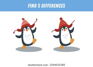 Find correct shadow of cute penguin. Educational logical game for kids. Christmas and new year game. Cartoon penguin in flat style. Vector