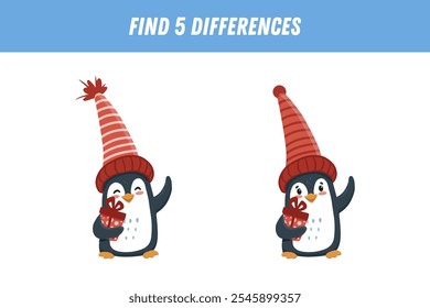 Find correct shadow of cute penguin with gift. Educational logical game for kids. Christmas and new year game. Cartoon penguin in flat style. Vector
