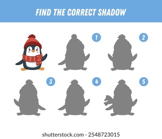  Find correct shadow of cute penguin. Educational logical game for kids. Christmas and new year game. Cartoon penguin. Vector