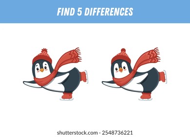 Find correct shadow of cute penguin. Educational logical game for kids. Christmas and new year game. Cartoon penguin in flat style. Vector
