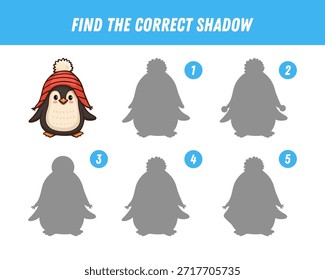  Encontre a sombra correta de pinguim bonito. Jogo lógico educacional para crianças. Natal e jogo de ano novo. Pinguim dos desenhos animados. Vetor