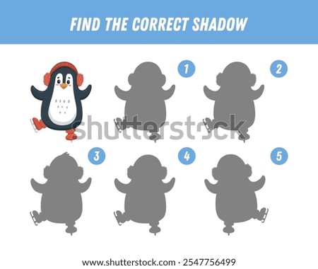 Find correct shadow of cute penguin. Educational logical game for kids. Christmas and new year game. Cartoon penguin. Vector
