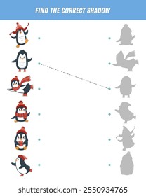 Find correct shadow of cute penguins. Educational logical game for kids. Christmas game. Cartoon funny penguin. Vector