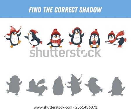 Find correct shadow of cute penguins. Educational logical game for kids. Christmas game. Cartoon funny penguin. Vector