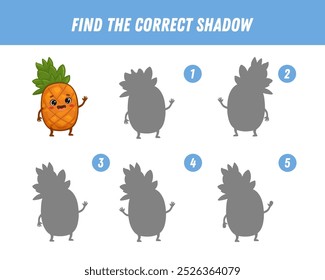 Find correct shadow of cute pineapple. Educational logical game for children. Funny fruit. Cartoon pineapple character. Vector