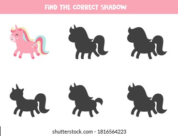 Find correct shadow of cute pink unicorn. Funny educational worksheet for preschoolers. 
