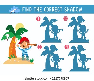 Find correct shadow. Cute pirate on desert island. Puzzle game for children. Activity, vector illustration.