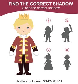 Find the correct shadow of a cute prince in coronation suit. Matching shadow game for children with fairytale kingdom theme. Worksheet for kid. Educational printable worksheet in vector file.