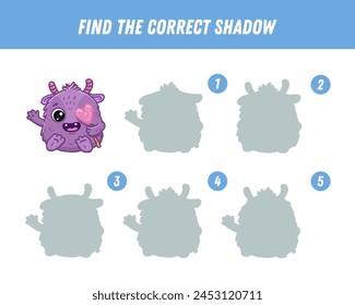 Find correct shadow of cute purple monster. Educational logical game for kids. Halloween game. Cartoon monster. Vector