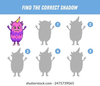 Find correct shadow of cute purple monster. Educational logical game for kids. Halloween game. Cartoon monster. Vector