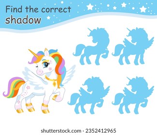 Find the correct shadow. Cute rainbow unicorn with wings. Educational matching game for children with cartoon character. Activity, logic game, learning card with task for kids, vector illustration