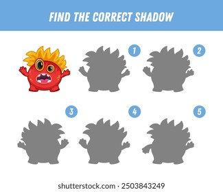 Encuentra la sombra correcta del monstruo rojo lindo. Juego de lógica educativa para niños. Juego de Halloween. Monstruo de dibujos animados. Vector
