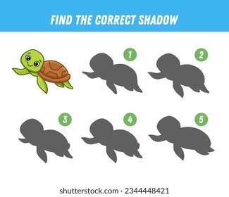 Find correct shadow of cute sea ​​turtle. Educational logical game for kids. Cartoon sea ​​turtle. Vector illustration